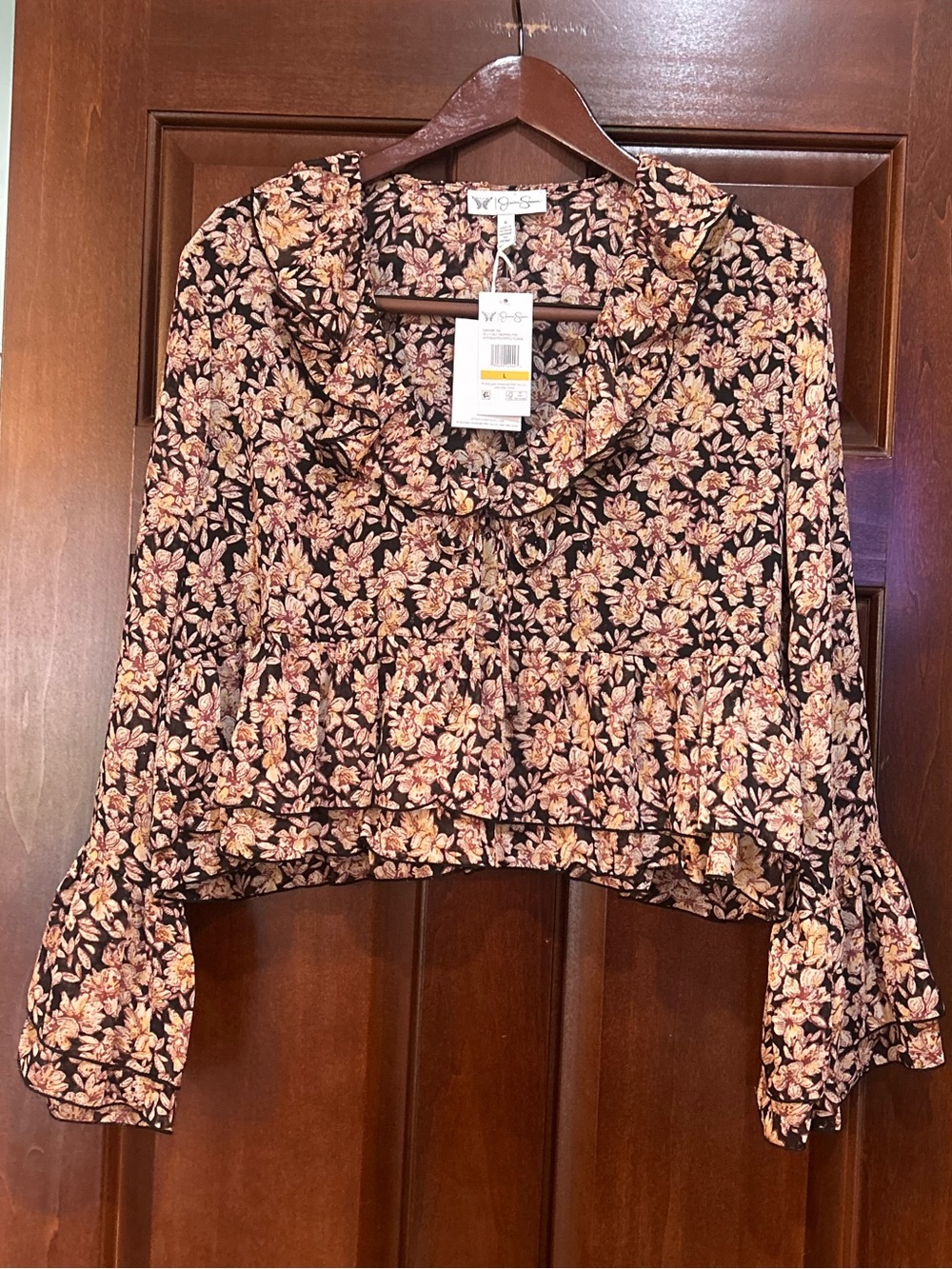 Jessica Simpson NWT Floral Ruffle Boho Blouse Large Bell Sleeve Peplum Top